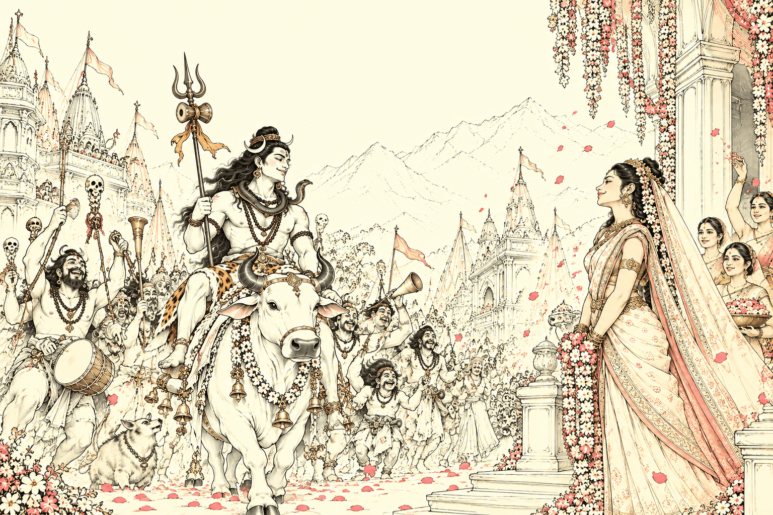 Line drawing of Shiva arriving for his wedding procession